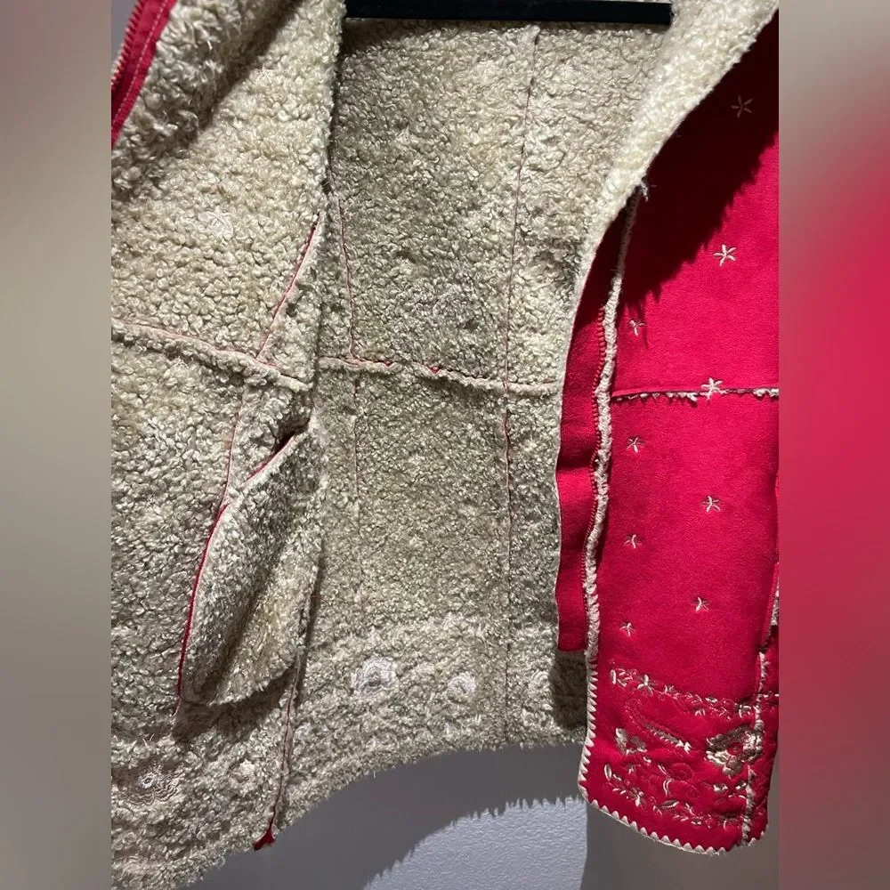 Gap Kids Coat Girls 10 Sherpa Lined Red Embroidered Bohemian Boho Floral Hooded